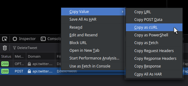copy request as curl